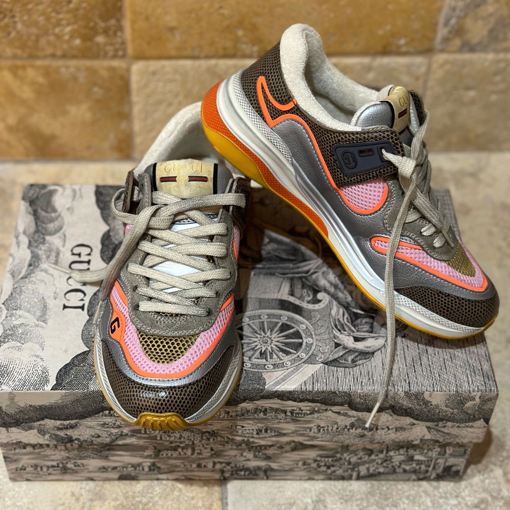 Gucci Ultrapace Distressed Sneakers with Pink & Orange Women Size 7